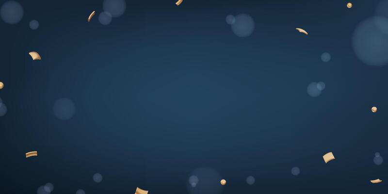 Dark blue gradient background with 3D realistic gold metallic confetti decoration and bokeh. Abstract copy space illustration for banner, promo, greeting card