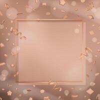 Abstract luxury copy space background with 3D metallic falling confetti decoration and frame. Mocha hues illustration with glow light effect for sale, promo, greeting card, festive design vector