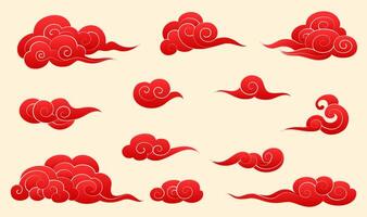 A collection of red Chinese moire material on a light yellow background vector