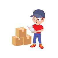 A cheerful boy wearing a blue cap and red outfit while standing next to three stacked cardboard boxes, appearing focused and engaged. vector