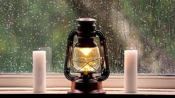 Relaxing Christmas scene with lit lantern and ditches and rain running down the window pane video