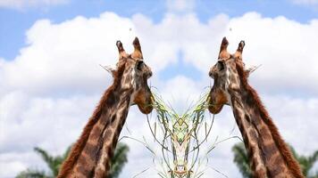 Fun and creative picture of giraffes feeding in mirror image. video