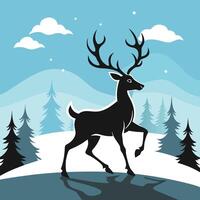 deer in the snow with trees and mountains vector