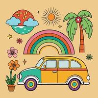 retro car with rainbow, palm tree, flowers and palm tree illustration vector