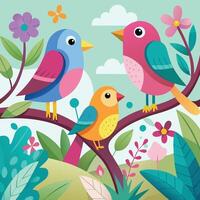 three colorful birds sitting on a branch with flowers vector