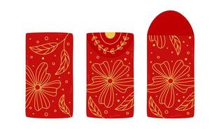 Angpao red envelopes front, back views. Open and close. Hongbao isolated elements. Asian festive envelope with intricate floral ornament, flowers. Traditional gift for Lunar New Year vector