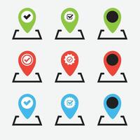 You Are Here pointer set. Flat, color You Are Here icons. GPS map pins. Your location markers. Black, red, blue, green pointers vector