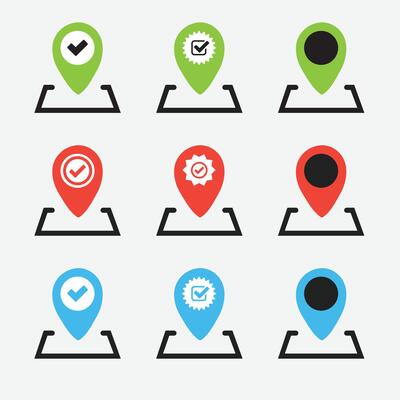 You Are Here pointer set. Flat, color You Are Here icons. GPS map pins. Your location markers. Black, red, blue, green pointers