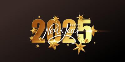 Happy new year 2025 golden text design background Decorated with golden stars and calligraphy of new year vector