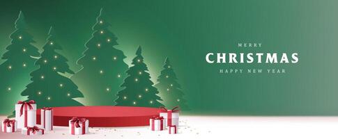 Merry Christmas banner with product display cylindrical shape and christmas tree paper cut style vector