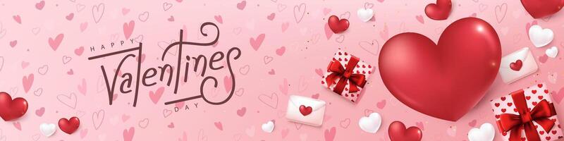 Valentines day banner card background with festive heart shaped and gift decoration frame and calligraphy of valentines day vector