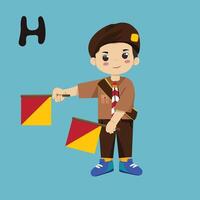 Pramuka boy sandi morse semaphore H a kid student vector