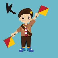 Pramuka boy sandi morse semaphore k a kid student a boy with a flag and a bird on his chest vector
