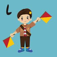 Pramuka boy sandi morse semaphore L a kid student vector