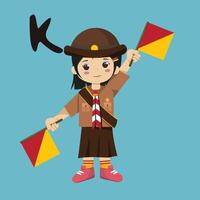 Pramuka girl sandi morse semaphore k a cartoon character with a flag and a girl holding a red flag vector