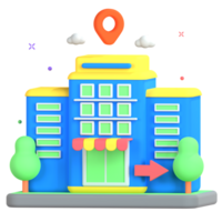 A cartoon building with a map pin pointing to it png