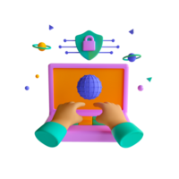 mãos em computador portátil com globo e de outros objetos png