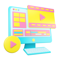 A computer with a play button and a yellow and pink background png