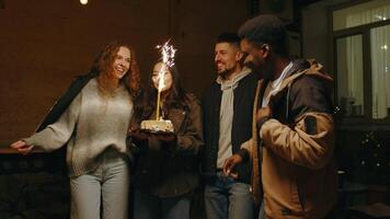 Friends celebrate a birthday with cake and sparklers at a cozy gathering in an outdoor space during the evening video