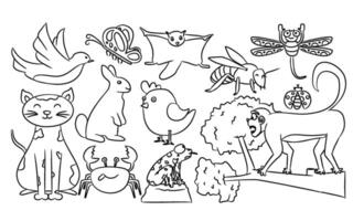 A coloring page with various animals and birds vector