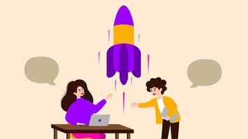 A woman and man are sitting at a desk with a rocket in the background vector