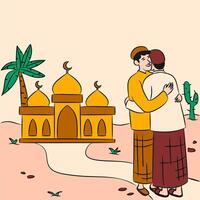 An illustration of two people hugging in front of a mosque vector