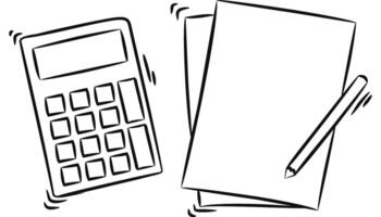 A black and white drawing of a calculator and paper vector