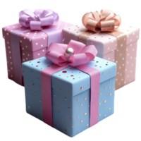 Three Gift Boxes with Pink and Blue Bows on Transparent Background png