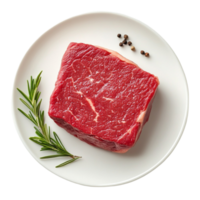 Raw Beef Steak on a Plate with Rosemary and Spices - Transparent Background png