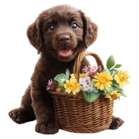 Chocolate Labrador Retriever Puppy with Flowers in Basket on Transparent Background png