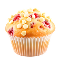 Isolated Image of a Raspberry and White Chocolate Muffin with Fresh Red Berries and Creamy White Chocolate Chips on Transparent Background png
