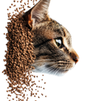 A cat's head is surrounded by a pile of food png