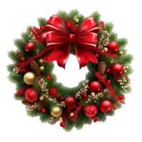 Elegant Holiday Wreath with Red Bow and Baubles png