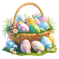 Easter Egg Basket on Green Grass with Flowers png
