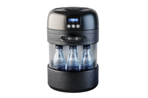Modern water dispenser with three bottles ready for use in a clean, minimalist setting suitable for an office or home png
