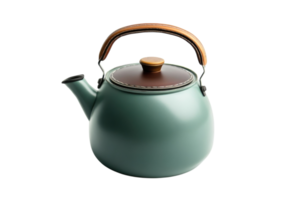 Elegant green kettle with wooden handle placed on a white background, showcasing its design and craftsmanship for kitchen decor png