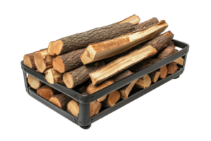 Stacked firewood in a metal rack ready for use in a cozy fireplace setting png