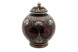 Decorative ceramic jar with intricate floral patterns and a gold accent lid displayed against a white background png