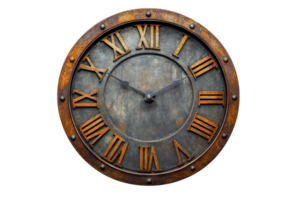 Rustic wall clock with Roman numerals showcasing vintage design and aged metal finish png