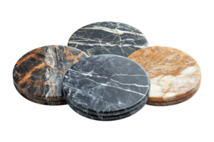 Elegant round marble coasters in various colors displayed on a white background for a decorative touch png