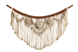 Intricate macrame wall hanging showcases craftsmanship and creativity in a minimalist home setting png