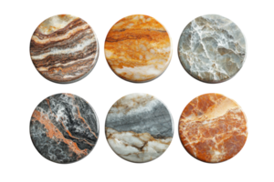 Unique collection of decorative marble coasters in various colors and textures displayed on a white background png