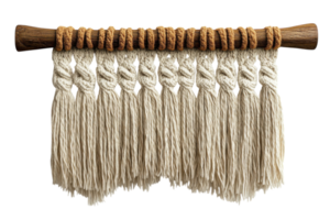 Crafted macrame wall hanging with natural fibers and wooden rod seen in a modern space png