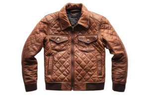 Stylish brown quilted leather jacket displayed on a white surface with close-up details highlighting its design features png