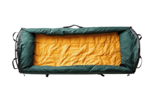 Outdoor camping sleeping bag with green exterior and yellow liner designed for comfort and durability during trips png