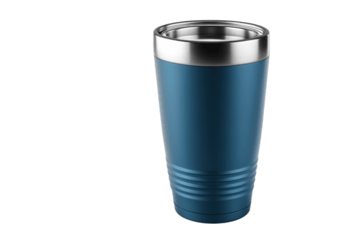 metallisch Reise Becher mit ein glatt Blau Design geeignet zum heiß und kalt Getränke zum draussen Abenteuer png