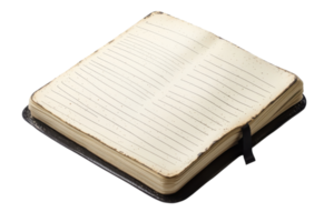 Open notebook resting on a white surface with blank pages and a black ribbon bookmark for versatile writing png