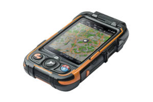 Rugged mobile device displaying detailed navigation map for outdoor adventures in all weather conditions png