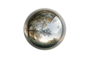 Reflective sphere captures serene landscape with trees and soft clouds in early evening light png