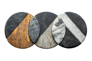 Unique stone coasters featuring intricate patterns and textures displayed on a white surface png